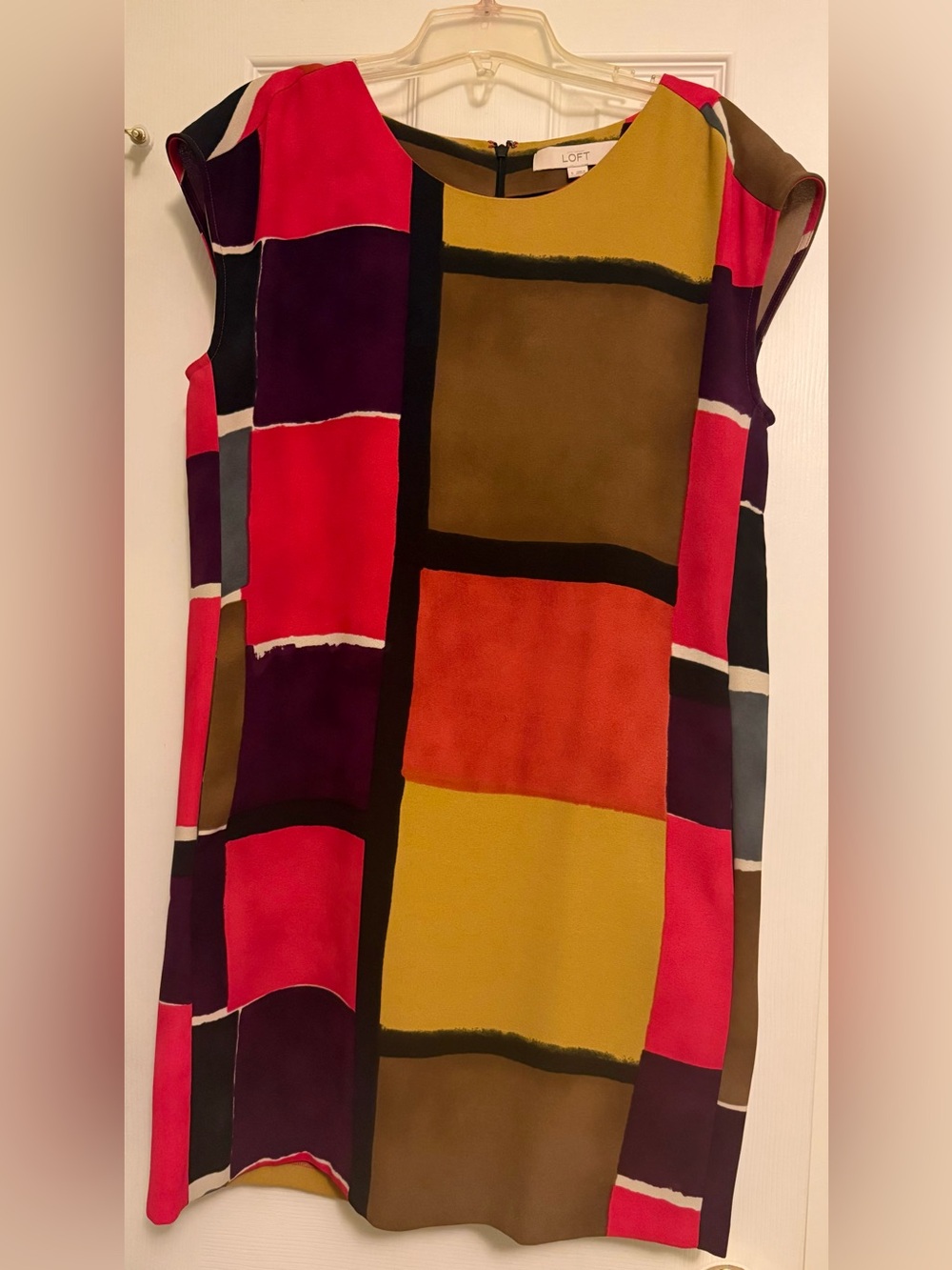 LOFT Colorblock Dress in Mustard, Red, Orange & Purple with pockets